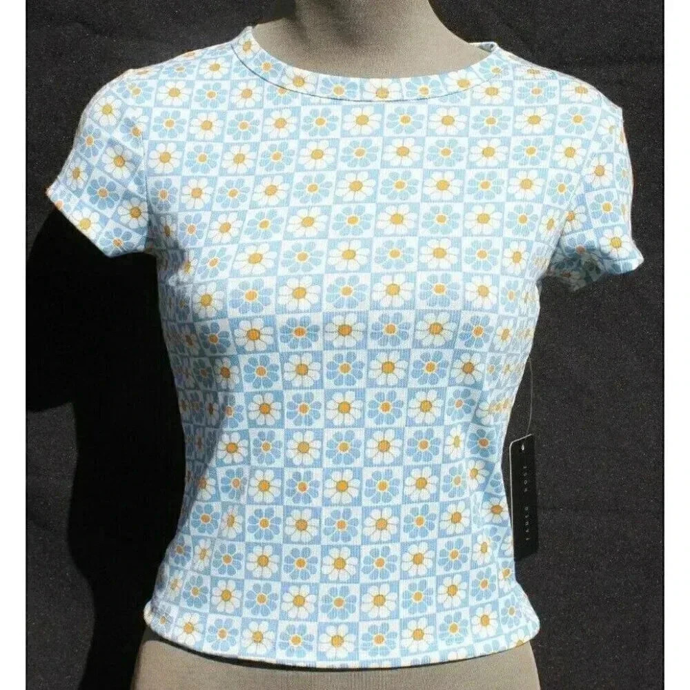 New Women's Blue Daisys Flower Power Groovy Retro Crop Top Emo Girl Indie Core